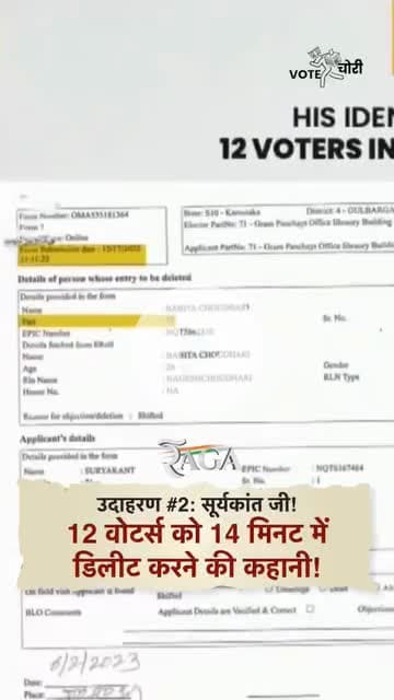 🚨 उदाहरण #2: सूर्यकांत जी!
14 मिनट में 12 वोटर्स गायब… जिसकी किसी को जानकारी नहीं! 👏
#votechorifactory