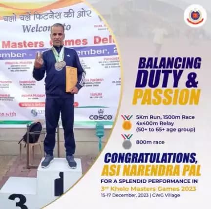 Congratulations to <nis:link nis:type=tag nis:id=DelhiPolice nis:value=DelhiPolice nis:enabled=true nis:link/> ASI Narendra Pal for his achievements in Khelo Masters Games 2023