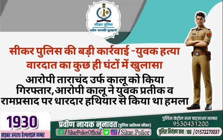 #सीकर
🔸सीकर पुलिस की बड़ी कार्रवाई -युवक हत्या वारदात का कुछ ही घंटों में खुलासा
▪️आरोपी ताराचंद उर्फ कालू को किया गिरफ्तार,आरोपी कालू ने युवक प्रतीक व रामप्रसाद पर धारदार हथियार से किया था हमला
#थाना_कोतवाली_फतेहपुर