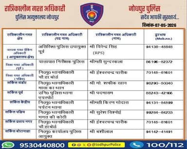 #जोधपुर_पुलिस
आयुक्तालय क्षेत्र में निम्न अधिकारियों की #रात्रिकालीन_गश्त 12 AM से 05 AM तक रहेगी।
रात्रि में किसी प्रकार की सहायता के लिए निम्न अधिकारियो से संपर्क कर सकते हैं।
आपकी सुरक्षा हमारी प्राथमिकता है।