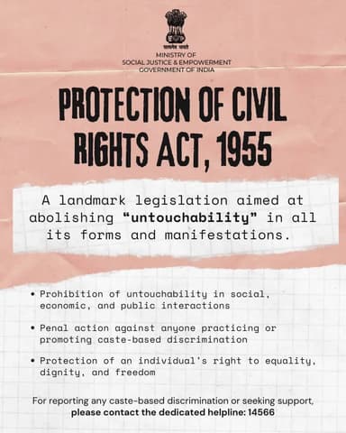 Equal rights for all—say no to caste-based discrimination. Know your rights under the Protection of Civil Rights Act, 1955. Helpline: 14566 #Equality