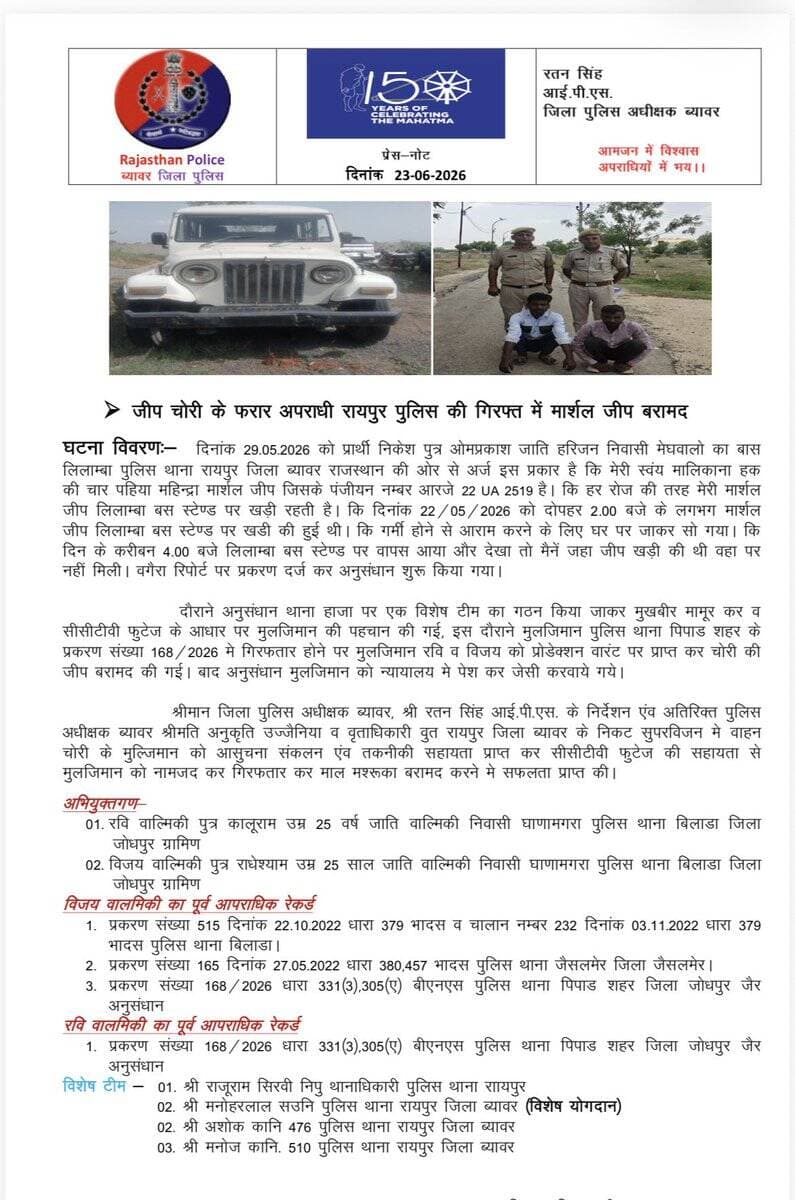 पुलिस थाना रायपुर ने किया वाहन चोरी के मामले में फरार आरोपियों को गिरफ्तार किये।
@PoliceRajasthan
@IgpAjmer https://t.co/SgH8pvgglc