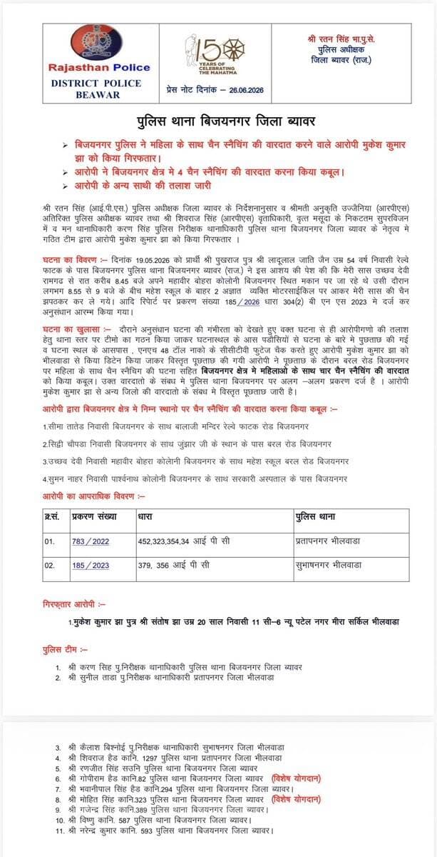 पुलिस थाना बिजयनगर ने किया चैन स्नैचर को गिरफ्तार ।
@PoliceRajasthan
@IgpAjmer https://t.co/PLUyrhpWBR