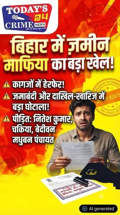 बिहार में जमीन माफियाओं और कथित भ्रष्टाचार के खिलाफ एक बार फिर सवाल खड़े हो रहे हैं...आरोप है कि कागजों में हेरफेर कर किसी की जमीन किसी और के नाम कर दी गई... और पीड़ित को इसकी भनक तब लगी जब उसकी जमीन पर कोई दूसरा व्यक्ति कब्जे की तैयारी करने लगा...
मामला है पूर्वी चंपारण जिले के चकिया प्रखंड के बेदीवन मधुबन पंचायत का... जहां नितेश कुमार नाम के व्यक्ति ने अपनी जमीन की जमाबंदी और दाखिल-खारिज प्रक्रिया में गड़बड़ी का आरोप लगाया है।।।।।।।।।।।।।।।।।।
#Todays_24_Crime_News #motiharibihar #ChakiaNews #BiharDevelopment #BiharGovernment