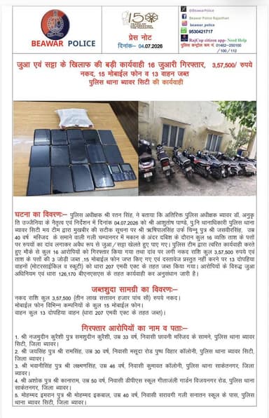 पुलिस थाना ब्यावर सिटी एवं सदर की जुआ खेलने वालो के खिलाफ बड़ी कार्यवाही ।
@PoliceRajasthan
@IgpAjmer https://t.co/uSvqsVvsYg