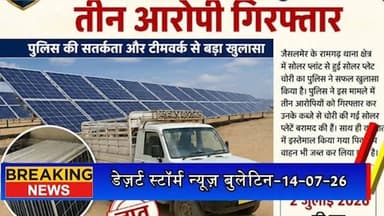 #desertstormnews #jaisalmernews #keepyouupdated #desertstorm रामगढ़ में सोलर प्लांट से सोलर प्लेट चोरी का खुलासा, तीन आरोपी गिरफ्तार