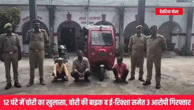 🚨 देवरिया: 12 घंटे में बाइक चोरी का खुलासा, चोरी की मोटरसाइकिल व ई-रिक्शा समेत 3 आरोपी गिरफ्तार
देवरिया के थाना खामपार पुलिस ने बाइक चोरी की घटना का महज 12 घंटे के भीतर सफल खुलासा करते हुए तीन आरोपियों को गिरफ्तार कर लिया। पुलिस ने चोरी की गई हीरो स्प्लेंडर प्लस (UP52BX7442) और घटना में प्रयुक्त ई-रिक्शा (BR28ER7508) भी बरामद कर लिया है।
पुलिस अधीक्षक अभिजीत आर. शंकर के निर्देशन में चलाए जा रहे अभियान के तहत अपर पुलिस अधीक्षक दक्षिणी सुनील कुमार सिंह एवं क्षेत्राधिकारी भाटपाररानी मनोज कुमार के पर्यवेक्षण में खामपार पुलिस ने मुखबिर की सूचना पर तमकुहीराज राजमार्ग स्थित छठ माई स्थान के पास घेराबंदी कर कार्रवाई की।
गिरफ्तार अभियुक्तों की पहचान रामनक्षत्र (60 वर्ष), गुदरीराम (62 वर्ष) और इब्राहिम अंसारी (35 वर्ष), निवासी थाना भोरे, जनपद गोपालगंज (बिहार) के रूप में हुई है।
पूछताछ में आरोपियों ने बताया कि उन्होंने 13 जुलाई 2026 की शाम भिंगारी बाजार से उक्त मोटरसाइकिल चोरी की थी और उसे बेचने के लिए बिहार ले जा रहे थे। इसी दौरान पुलिस ने उन्हें गिरफ्तार कर लिया।
इस मामले में थाना खामपार पर दर्ज मु0अ0सं0 160/2026 में बरामदगी के आधार पर संबंधित धाराओं की बढ़ोतरी करते हुए अग्रिम विधिक कार्रवाई की जा रही है।
✅ बरामदगी:
• हीरो स्प्लेंडर प्लस मोटरसाइकिल (UP52BX7442)
• ई-रिक्शा (BR28ER7508)
देवरिया पुलिस की इस त्वरित कार्रवाई से चोरी की घटना का सिर्फ 12 घंटे में सफल अनावरण हो गया।
📍 Deoria Post
सटीक • निष्पक्ष • सबसे पहले
#Deoria #DeoriaPolice #Khampar #BreakingNews #BikeTheft #CrimeNews #DeoriaPost