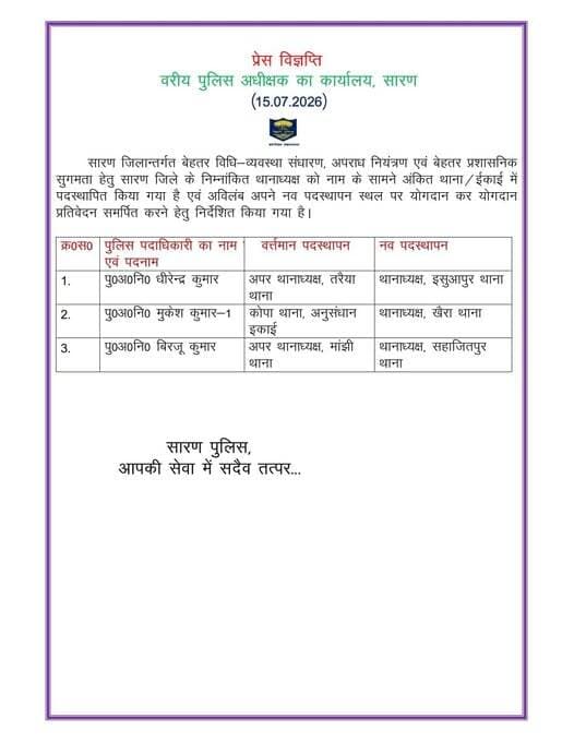 छपरा।जिले के तीन थाना को मिले नए थानाध्यक्ष, तत्काल योगदान कर. संभालेंगे कमान.