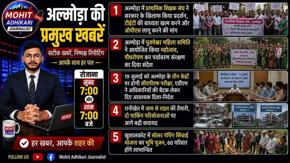 📰 अल्मोड़ा की प्रमुख खबरें | आज की 5 बड़ी अपडेट
आज के प्रमुख समाचारों में देखिए—
✅ प्राथमिक शिक्षक संघ का सरकार के खिलाफ प्रदर्शन, टीईटी की बाध्यता समाप्त करने और पुरानी पेंशन योजना (OPS) लागू करने की मांग।
✅ घुश्मेश्वर महिला समिति द्वारा महोत्सव का आयोजन, पौधरोपण कर पर्यावरण संरक्षण का संदेश।
✅ 19 जुलाई को होने वाली CAPF परीक्षा को लेकर प्रशासन अलर्ट, एडीएम ने अधिकारियों को दिए आवश्यक दिशा-निर्देश।
✅ रानीखेत में जाम से राहत के लिए दो नई पार्किंग परियोजनाओं पर तेज हुई कार्रवाई।
✅ खुशालकोट में सोलर पंपिंग सिंचाई योजना का भूमि पूजन, 60 परिवारों को मिलेगा लाभ।
📺 रोजाना सुबह 7:00 बजे और शाम 7:00 बजे देखिए अल्मोड़ा की प्रमुख खबरें।
👍 वीडियो पसंद आए तो Like करें, Share करें, Comment करें और चैनल को Subscribe करना न भूलें।
सटीक खबरें • निष्पक्ष रिपोर्टिंग • आपके साथ हर पल।
#Almora #AlmoraNews #Ranikhet #CAPF #Teachers #Harela #SolarProject #Uttarakhand #BreakingNews