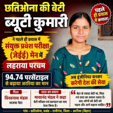 छतिओना की बेटी ब्यूटी कुमारी ने पहले ही प्रयास में संयुक्त प्रवेश परीक्षा (जेईई) मेन में लहराया परचम, अब इंजीनियर बनकर करेगी देश की सेवा
#छतिओना_की_बेटी #BeautyKumari #JEEMain2026 #संयुक्त_प्रवेश_परीक्षा #JEEAdvanced #FirstAttempt #94_74Percentile #EngineerDream #बेटी_बचाओ_बेटी_पढ़ाओ #GirlPower #SuccessStory #ViralNews #Araria #Raniganj #छतिओना #Bihar #विश्वनाथ_मंडल #भाजपा #Education #Students #Topper #Motivation #संवदिया_न्यूज #SambadiyaNews #NewsUpdate #HindiNews #ProudMoment #Inspiration #ExamSuccess #India