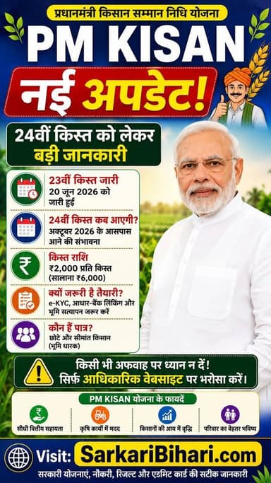 🌾 PM Kisan 24वीं किस्त को लेकर बड़ी अपडेट! 💰
24वीं किस्त कब आएगी, ₹2,000 मिलेंगे या नहीं और e-KYC क्यों जरूरी है? पूरी जानकारी जानने के लिए पोस्ट देखें और ऐसी सरकारी अपडेट के लिए SarkariBihari.com से जुड़े रहें। 🇮🇳
#PMKisan #PMKisan24thInstallment #PMKisanYojana #KisanUpdate #SarkariBihari