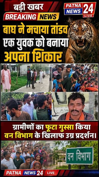 बाघ ने मचाया तांडव, एक युवक को बनाया शिकार, ग्रामीणों का फूटा गुस्सा किया वन विभाग के खिलाफ उग्र प्रदर्शन।