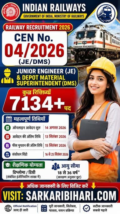 🚨 Railway Recruitment 2026 🔥 7134+ पद!
JE & DMS भर्ती का शानदार मौका 🎯
📚 योग्यता, उम्र, डेट और पूरी जानकारी के लिए अभी देखें 👇
🌐 SarkariBihari.com
#RailwayRecruitment2026 #RailwayJE #RailwayJobs #SarkariNaukri #SarkariBihari Facebook