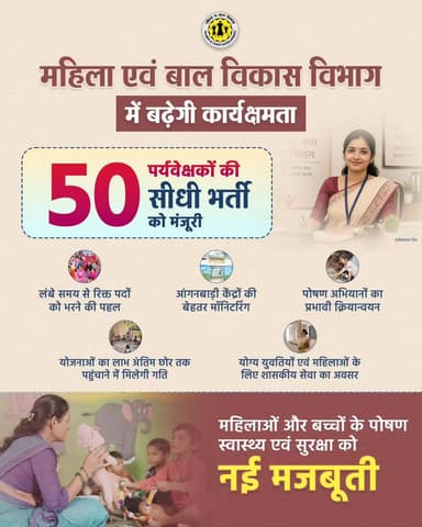 महिला एवं बाल विकास विभाग में सीधी भर्ती
सुशासन सरकार का बड़ा कदम, महिला एवं बाल विकास विभाग में 50 पर्यवेक्षकों की सीधी भर्ती को मंजूरी। लंबे समय से रिक्त पद भरने से आंगनबाड़ी केंद्रों की बेहतर मॉनिटरिंग, पोषण अभियानों का प्रभावी क्रियान्वयन और योजनाओं का लाभ अंतिम छोर तक पहुंचाने में तेजी आएगी।
सुशासन सरकार महिलाओं और बच्चों के पोषण, स्वास्थ्य एवं सुरक्षा को नई मजबूती देने के साथ योजनाओं का लाभ हर जरूरतमंद तक पहुंचाने के लिए प्रतिबद्ध है।
हमारे व्हॉट्सऐप चैनल से जुड़ने के लिए लिंक पर क्लिक करें...
https://whatsapp.com/channel/0029VbBdXyRJf05ivBgauG3V
#SushasanSarkar #सुशासन_सरकार
#Chhattisgarh #MahilaBalVikas
@MinistryWCD
@vishnudsai
@LaxmiRajwade21
@WCDCgGov