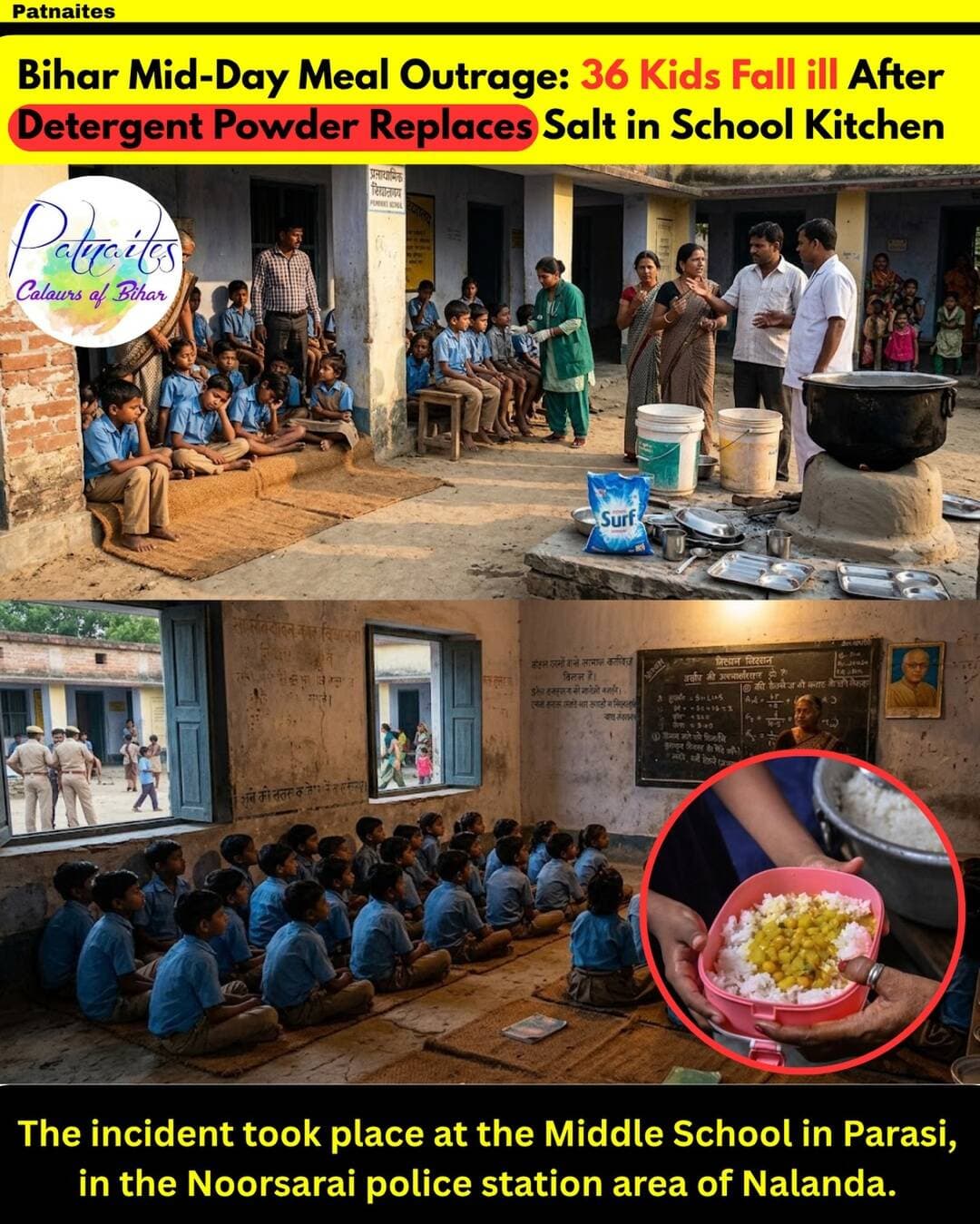 The incident took place at the Middle School in Parasi, in the Noorsarai police station area of Nalanda. The students were taken to Biharsharif Sadar Hospital and officials said that they were stable
.
.
.
.
.
.
.
.
.
.
<nis:link nis:type=tag nis:id=bihar nis:value=bihar nis:enabled=true nis:link/> <nis:link nis:type=tag nis:id=middaymeal nis:value=middaymeal nis:enabled=true nis:link/> <nis:link nis:type=tag nis:id=patnaites nis:value=patnaites nis:enabled=true nis:link/> <nis:link nis:type=tag nis:id=bihari nis:value=bihari nis:enabled=true nis:link/> <nis:link nis:type=tag nis:id=students nis:value=students nis:enabled=true nis:link/>