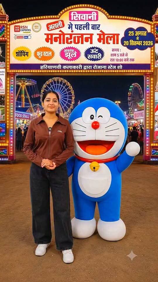 में पहली बार
असली मनोरंजन मेला
🛍️ शॉपिंग
🍽️ फूड स्टॉल
🎯 आकर्षक झूले
🐪 ऊंट सवारी
📅 25 अगस्त से 20 सितम्बर 2026
⏰ समय : शाम 5 बजे से रात 10:00 बजे तक
हरियाणवी कलाकारों द्वारा रोजाना स्टेज शो
🎤 Rammehar Mehla
Haryanvi Writer & Singer
🎤 Anamika Bawa
Haryanvi And Bollywood Actors
🎤 Shekhar Khanna
Singer and Actors
🎤 Mahender Singh Jhandu
Haryanvi Comedy Artist
🎤 Rekha Yadav
HARYANVI ARTIST
🎤 Deepak
@Itsmenanw
💃 Haryanvi Dance Group
🎡 स्ट्राइकिंग कार
📞 92155-16666, 70568-94311, 81680-31744
📍 पता : भीम गर्ग का ग्राउंड, लोहारू मोड़, तोशाम रोड, सिवानी मंडी