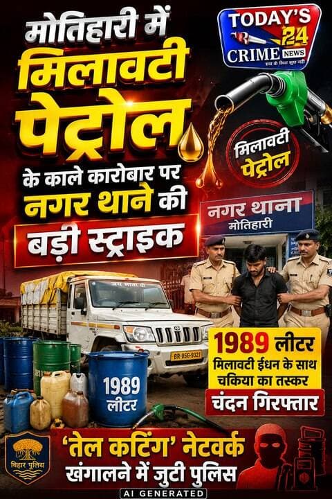 मोतिहारी में मिलावटी पेट्रोल के काले कारोबार पर नगर थाने की बड़ी स्ट्राइक
1989 लीटर मिलावटी ईंधन के साथ चकिया का तस्कर चंदन गिरफ्तार
'तेल कटिंग' नेटवर्क खंगालने में जुटी पुलिस
पूर्वी चंपारण जिला मुख्यालय मोतिहारी में तेल माफियाओं के एक बेहद शातिराना सिंडिकेट का भंडाफोड़ हुआ है। नगर थाना पुलिस ने हाईवे पर एक बड़ी और त्वरित कार्रवाई करते हुए भारी मात्रा में 1,989 लीटर कथित मिलावटी पेट्रोल लदी एक पिकअप वैन को जब्त किया है। पुलिस टीम ने मौके से भागने की कोशिश कर रहे पिकअप चालक को रंगेहाथ गिरफ्तार करने में बड़ी सफलता हासिल की है। इस कार्रवाई से जिले के तेल तस्करों, मिलावटखोरों और हाईवे पर 'तेल कटिंग' करने वाले गिरोह में हड़कंप मच गया है।।।।।।।।।।।
#motiharinews #amiteshkumar #motiharinewsupdate #Todays_24_Crime_News #motiharpolice