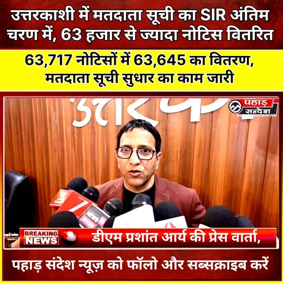 उत्तरकाशी में मतदाता सूची का SIR अंतिम चरण में, 63 हजार से ज्यादा नोटिस वितरित
#उत्तरकाशी #मतदातासूची #SIR2026 #विशेषगहनपुनरीक्षण #डीएमप्रशांतर्य #निर्वाचनआयोग #मतदातासूचीपुनरीक्षण #पुरोला #यमुनोत्री #गंगोत्री #उत्तराखंड #Uttarkashi #VoterList #SIR #Election2026 #PahadSandesh #PahadSandeshNews