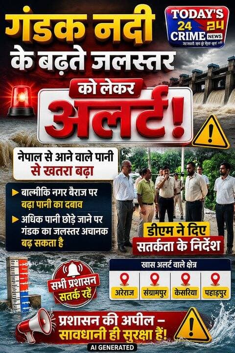 गंडक नदी के बढ़ते जलस्तर को लेकर अलर्ट, डीएम ने दिए सतर्कता के निर्देश
नेपाल से होकर बहने वाली नदियों के जलस्तर में अचानक वृद्धि की आशंका के बीच मोतिहारी जिला प्रशासन ने गंडक नदी से जुड़े क्षेत्रों में अलर्ट जारी किया है।बाल्मीकि नगर बैराज पर पानी का दबाव बढ़ने और अधिक मात्रा में पानी छोड़े जाने की स्थिति में गंडक नदी का जलस्तर अचानक बढ़ सकता है। इसे देखते हुए अरेराज, संग्रामपुर, केसरिया और पहाड़पुर अंचल को विशेष रूप से सतर्क रहने का निर्देश दिया गया है।।।।।।। #todays24crimenews #MotihariNews #trasdi #hightalert #vayaral