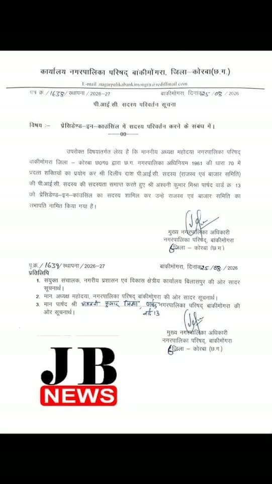 बांकीमोंगरा नगर पालिका में बड़ा सियासी फेरबदल, PIC सदस्य दिलीप दास की छुट्टी; वार्ड 13 के अश्वनी मिश्रा को मिली बड़ी जिम्मेदारी
https://jbnewskorba.in/बांकीमोंगरा-नगर-पालिका-म-2/