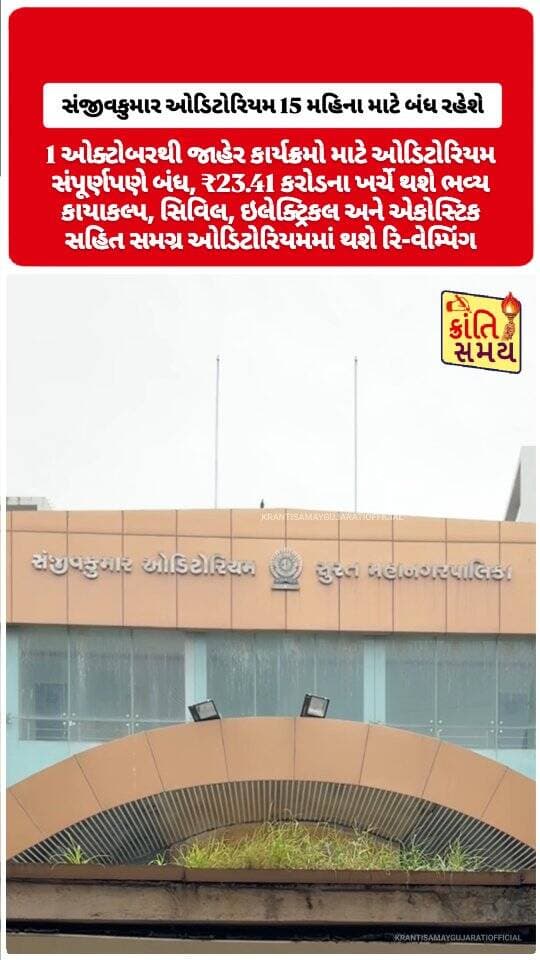 સુરત | સંજીવકુમાર ઓડિટોરિયમ 15 મહિના માટે બંધ રહેશે
1 ઓક્ટોબરથી જાહેર કાર્યક્રમો માટે ઓડિટોરિયમ સંપૂર્ણપણે બંધ
₹23.41 કરોડના ખર્ચે થશે સંજીવકુમાર ઓડિટોરિયમનો ભવ્ય કાયાકલ્પ
અગાઉથી બુક થયેલા 43 કાર્યક્રમો રદ, આયોજકોમાં ભારે રોષ
ફોલ સીલિંગ અને છતમાંથી પાણી ટપકવાની સમસ્યા બાદ સુરક્ષાને ધ્યાનમાં રાખી મોટો નિર્ણય
સિવિલ, ઇલેક્ટ્રિકલ અને એકોસ્ટિક સહિત સમગ્ર ઓડિટોરિયમમાં થશે રિ-વેમ્પિંગ
#krantisamaynews #krantisamay #surat #suratcity