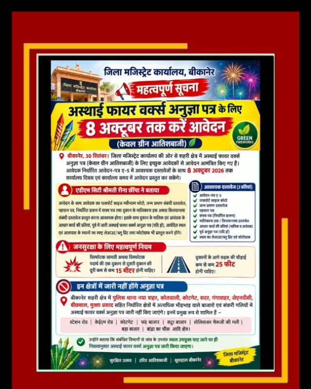 *अस्थाई फायर वर्क्स अनुज्ञा पत्र के लिए 8 अक्टूबर तक करें आवेदन*
बीकानेर, 30 सितंबर। जिला मजिस्ट्रेट कार्यालय की ओर से शहरी क्षेत्र में अस्थाई फायर वर्क्स अनुज्ञा पत्र (केवल ग्रीन आतिशबाजी) के लिए इच्छुक आवेदकों से आवेदन आमंत्रित किए गए हैं। आवेदक निर्धारित आवेदन-पत्र ए-5 में आवश्यक दस्तावेजों के साथ 8 अक्टूबर 2026 तक कार्यालय दिवस एवं कार्यालय समय में आवेदन प्रस्तुत कर सकेंगे।
एडीएम सिटी श्रीमती रीना छींपा ने बताया कि आवेदन के साथ आवेदक का पासपोर्ट साइज नवीनतम फोटो, जन्म प्रमाण संबंधी दस्तावेज, पहचान पत्र, निर्धारित प्रारूप में शपथ पत्र तथा दुकान के मालिकाना हक अथवा किरायानामा संबंधी दस्तावेज प्रस्तुत करना आवश्यक होगा। इसके साथ दुकान के मालिक एवं आवेदक के आधार कार्ड की प्रतियां, पूर्व में जारी अस्थाई फायर वर्क्स अनुज्ञा पत्र (यदि हो), आवेदित स्थल एवं आसपास के स्थानों का स्पष्ट लेआउट/ब्लू प्रिंट तथा फोटोग्राफ भी प्रस्तुत करने होंगे।