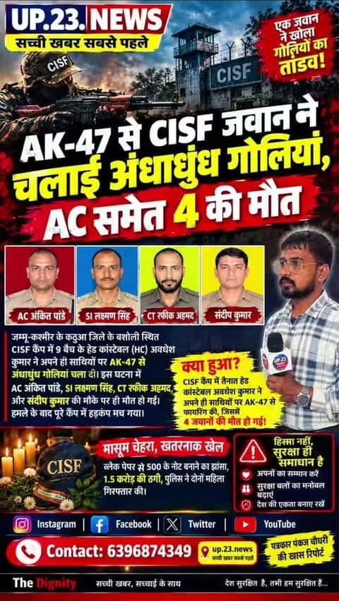 जम्मू-कश्मीर के कठुआ जिले में बसोहली इलाके के एक CISF कैंप में गोलीबारी की घटना हुई है, जहाँ सीआईएसएफ (CISF) के एक जवान ने अपने ही साथियों पर गोलियां चला दीं।
घटना की मुख्य बातें
क्या हुआ: सेवा हाइडल पावर प्रोजेक्ट की सुरक्षा में तैनात सीआईएसएफ कांस्टेबल अवधेश कुमार सिंह ने अपनी सर्विस AK-47 राइफल से अंधाधुंध फायरिंग कर दी।
कितने लोग मारे गए: इस खूनी संघर्ष में असिस्टेंट कमांडेंट समेत चार सीआईएसएफ कर्मियों की मौत हो गई।
मृतकों के नाम: मृतकों में असिस्टेंट कमांडेंट अंकित कुमार पांडे, सब इंस्पेक्टर लक्ष्मण सिंह, कांस्टेबल रफीक अहमद और कांस्टेबल संदीप कुमार शामिल हैं।
वजह: शुरुआती रिपोर्टों के मुताबिक, यह विवाद एक जवान की पत्नी और बच्चे के क्वार्टर में आने को लेकर हुए झगड़े व तनाव के कारण हुआ।
कार्रवाई: पुलिस ने आरोपी जवान को तुरंत गिरफ्तार कर लिया है और सीआईएसएफ मुख्यालय ने कोर्ट ऑफ इंक्वायरी के आदेश दिए हैं।