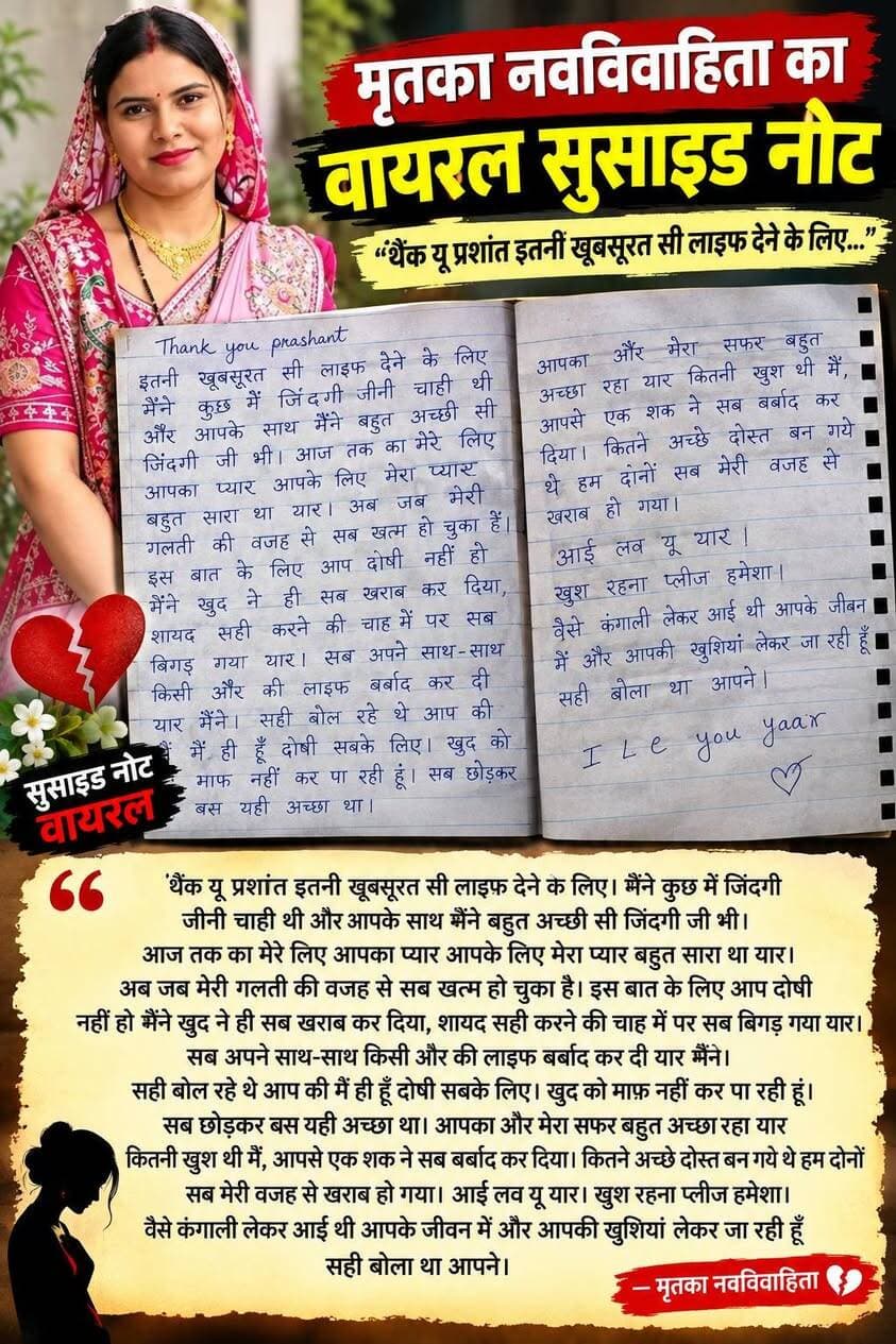 मृतका नव विवाहिता ने एक सरकारी टीचर की पत्नी थी बताया जा रहा है वायरल सुसाइड नोट में लिखा है कि "थैंक यू प्रशांत इतनी खूबसूरत सी लाइफ देने के लिए। मैंने कुछ में जिंदगी जीनी चाही थी और आपके साथ मैंने बहुत अच्छी सी जिंदगी जी भी। आज तक का मेरे लिए आपका प्यार आपके लिए मेरा प्यार बहुत सारा था यार। अब जब मेरी गलती की वजह से सब खत्म हो चुका है। इस बात के लिए आप दोषी नहीं हो मैंने खुद ने ही सब खराब कर दिया, शायद सही करने की चाह में पर सब बिगड़ गया यार। सब अपने साथ-साथ किसी और की लाइफ़ बर्बाद कर दी यार मैंने। सही बोल रहे थे आप की मैं ही हूँ दोषी सबके लिए। खुद को माफ नहीं कर पा रही हूं। सब छोड़कर बस यही अच्छा था। आपका और मेरा सफर बहुत अच्छा रहा यार कितनी खुश थी मैं, आपसे एक शक ने सब बर्बाद कर दिया। कितने अच्छे दोस्त बन गये थे हम दोनों सब मेरी वजह से खराब हो गया। आई लव यू यार। खुश रहना प्लीज हमेशा। वैसे कंगाली लेकर आई थी आपके जीवन में और आपकी खुशियां लेकर जा रही हूँ सही बोला था आपने"।
मृतका के परिजनो ने दहेज हत्या का मामला दर्ज कराया है।