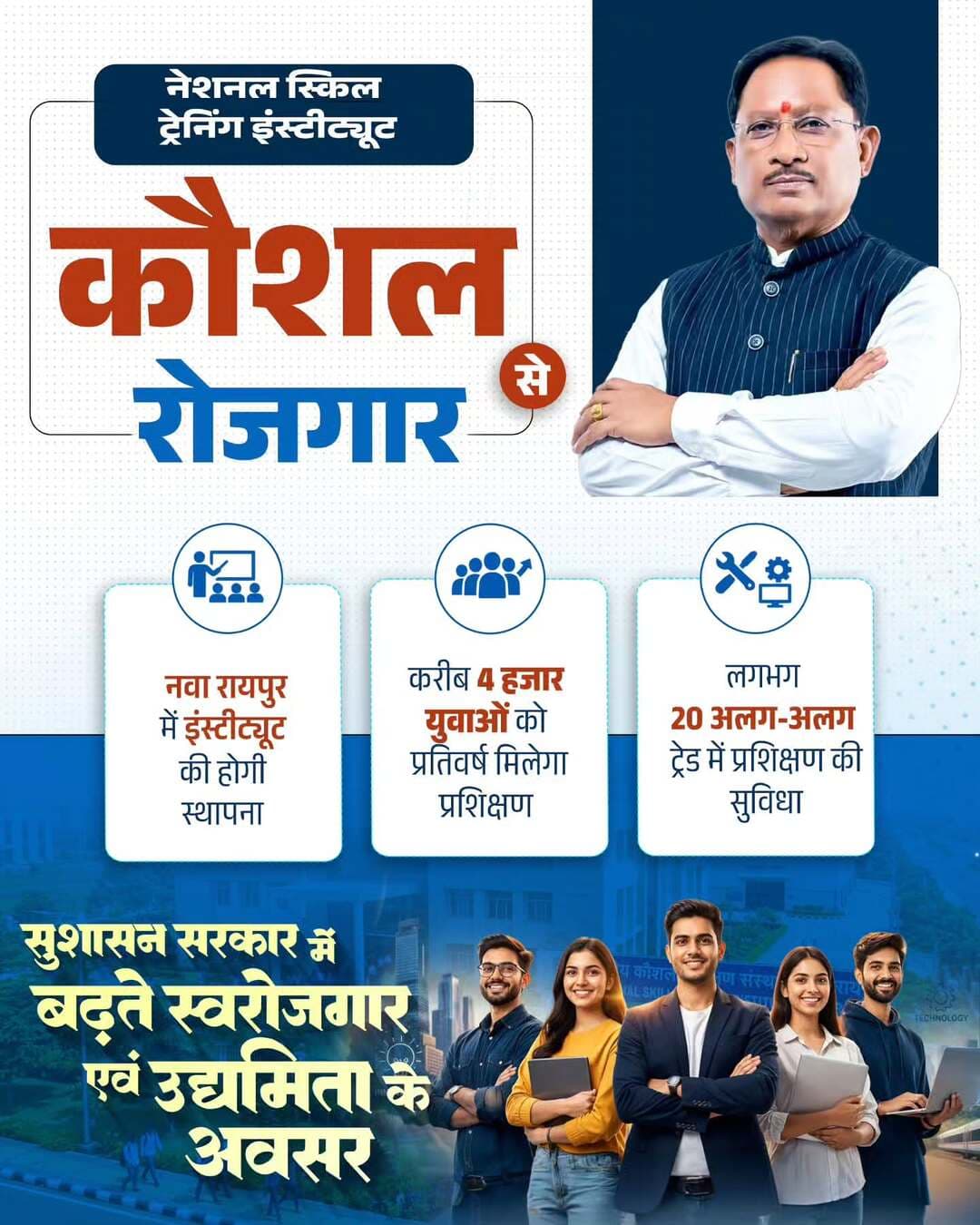 कौशल से अवसर, हुनर से रोजगार, युवाओं के उज्ज्वल भविष्य की दिशा में निरंतर आगे बढ़ रहा छत्तीसगढ़
छत्तीसगढ़ के युवाओं को आधुनिक कौशल प्रशिक्षण प्रदान कर उन्हें रोजगार एवं स्वरोजगार के बेहतर अवसरों से जोड़ने के लिए सुशासन सरकार निरंतर कार्य कर रही है।
इसी दिशा में नवा रायपुर में लगभग ₹200 करोड़ की लागत से नेशनल स्किल ट्रेनिंग इंस्टीट्यूट (NSTI) की स्थापना की जाएगी। यह संस्थान युवाओं के कौशल विकास, रोजगार के अवसरों के विस्तार और आत्मनिर्भरता की दिशा में महत्वपूर्ण भूमिका निभाएगा।
<nis:link nis:type=tag nis:id=skilldevelopment nis:value=SkillDevelopment nis:enabled=true nis:link/> <nis:link nis:type=tag nis:id=employment nis:value=Employment nis:enabled=true nis:link/> <nis:link nis:type=tag nis:id=youthdevelopment nis:value=YouthDevelopment nis:enabled=true nis:link/> <nis:link nis:type=tag nis:id=skilltraining nis:value=SkillTraining nis:enabled=true nis:link/> <nis:link nis:type=tag nis:id=sushasansarkar nis:value=Sushasansarkar nis:enabled=true nis:link/>