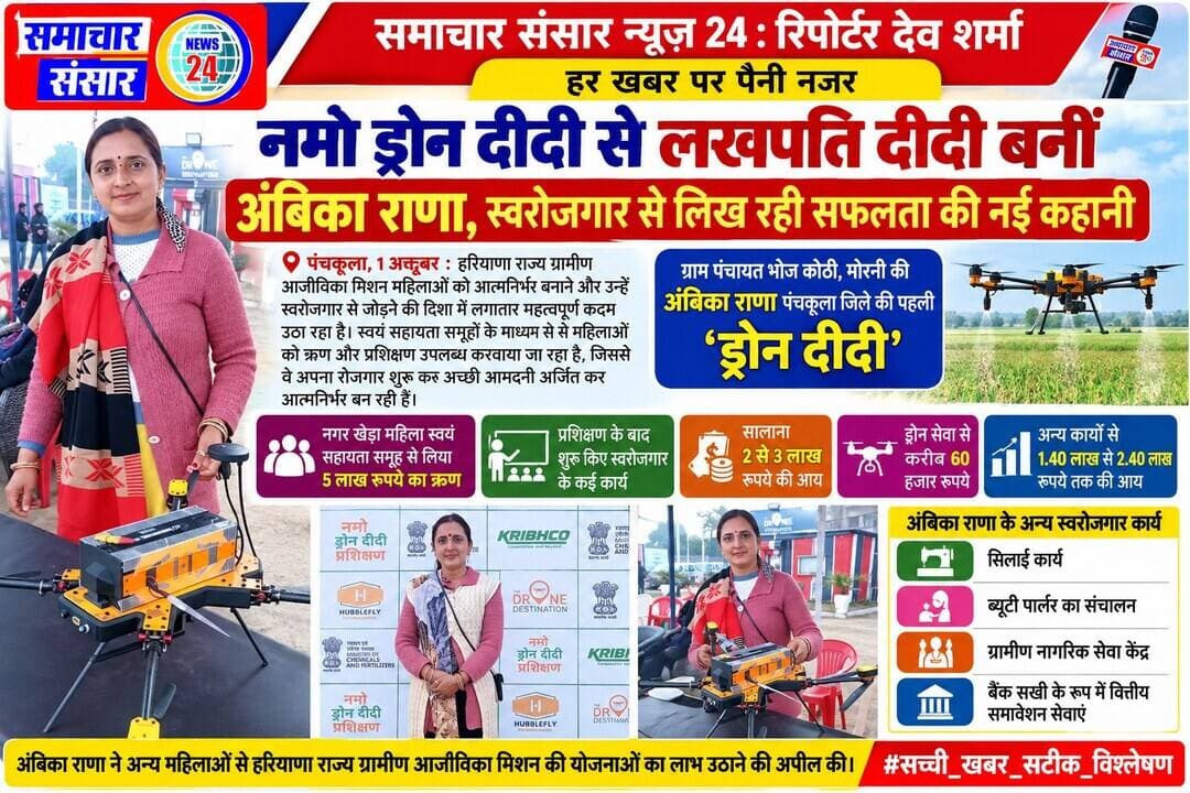 नमो ड्रोन दीदी से लखपति दीदी बनीं अंबिका राणा, स्वरोजगार से लिख रही सफलता की नई कहानी
पंचकूला, 1 अक्तूबर। देव दर्शन शर्मा की रिपोर्ट।
हरियाणा राज्य ग्रामीण आजीविका मिशन महिलाओं को आत्मनिर्भर बनाने और स्वरोजगार से जोड़ने की दिशा में लगातार प्रयास कर रहा है। स्वयं सहायता समूहों के माध्यम से महिलाओं को ऋण और प्रशिक्षण उपलब्ध करवाया जा रहा है, जिससे वे अपना रोजगार शुरू कर आमदनी अर्जित कर आत्मनिर्भर बन रही हैं।
ग्राम पंचायत भोज कोठी, मोरनी की अंबिका राणा ऐसी ही सफल महिलाओं में शामिल हैं। हरियाणा राज्य ग्रामीण आजीविका मिशन के सहयोग से ऋण और प्रशिक्षण प्राप्त कर अंबिका राणा पंचकूला जिले की पहली ‘ड्रोन दीदी’ बनी हैं। नमो ड्रोन दीदी से लखपति दीदी तक का उनका सफर महिला सशक्तिकरण और आत्मनिर्भरता की प्रेरक मिसाल है।
अंबिका राणा ने बताया कि उन्होंने नगर खेड़ा महिला स्वयं सहायता समूह के माध्यम से 5 लाख रुपये का ऋण प्राप्त किया। ऋण और प्रशिक्षण की मदद से उन्होंने स्वरोजगार के कई कार्य शुरू किए। इनमें नमो ड्रोन दीदी प्रशिक्षण के बाद ड्रोन सेवा, सिलाई कार्य, ब्यूटी पार्लर, ग्रामीण नागरिक सेवा केंद्र और बैंक सखी के रूप में वित्तीय सेवाएं शामिल हैं।
उन्होंने बताया कि इन विभिन्न स्वरोजगार गतिविधियों से वह सालाना करीब 2 से 3 लाख रुपये की आय अर्जित कर रही हैं। इसमें ड्रोन सेवा से लगभग 60 हजार रुपये तथा अन्य कार्यों से करीब 1.40 लाख से 2.40 लाख रुपये तक की आय शामिल है।
अंबिका राणा ने जिले की अन्य महिलाओं से अपील की कि वे हरियाणा राज्य ग्रामीण आजीविका मिशन की योजनाओं का लाभ उठाएं और प्रशिक्षण व ऋण सुविधाओं का उपयोग कर अपना स्वरोजगार स्थापित करें। उन्होंने कहा कि महिलाएं अपने हुनर और मेहनत के बल पर आर्थिक रूप से सशक्त और आत्मनिर्भर बन सकती हैं।
अंबिका राणा की सफलता यह दर्शाती है कि सरकारी योजनाओं, प्रशिक्षण, ऋण सुविधा और महिला के स्वयं के प्रयासों के समन्वय से ग्रामीण महिलाएं नए अवसर पैदा कर आर्थिक रूप से सशक्त बन सकती हैं।