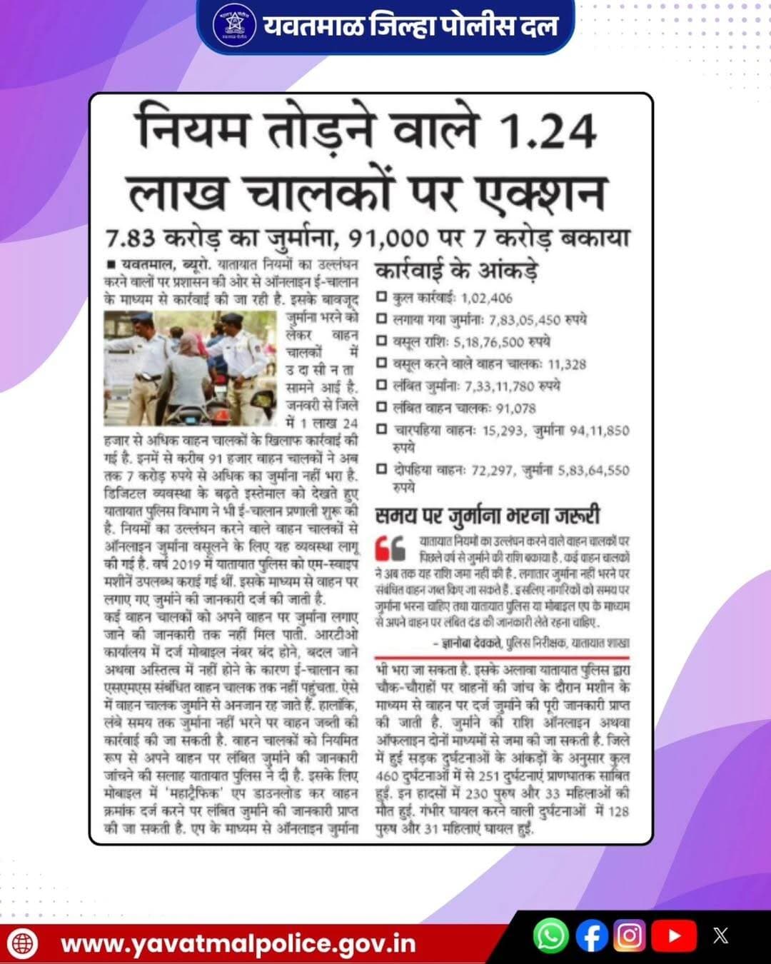 नियम तोड़ने वाले 1.24 लाख चालकों पर एक्शन
@cmomaharashtra
महाराष्ट्र पोलीस | Maharashtra Police
HMO Maharashtra
<nis:link nis:type=tag nis:id=yavatmalpolice nis:value=yavatmalpolice nis:enabled=true nis:link/>
<nis:link nis:type=tag nis:id=police nis:value=police nis:enabled=true nis:link/>
<nis:link nis:type=tag nis:id=yavatmal nis:value=Yavatmal nis:enabled=true nis:link/>
