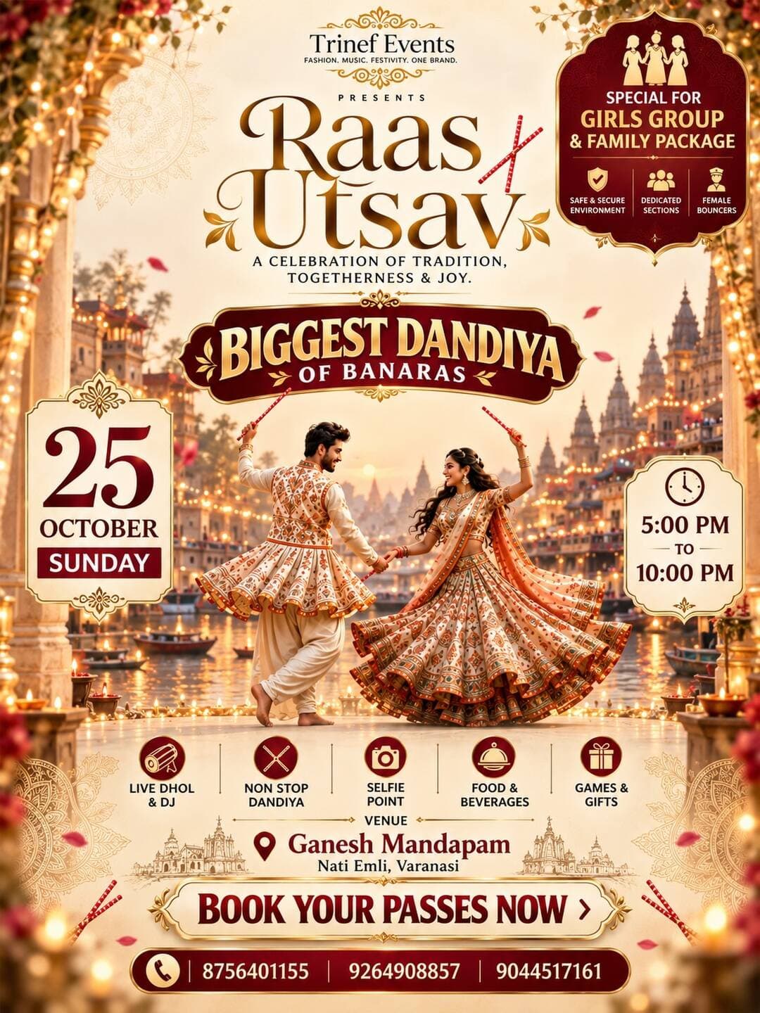 🎟️ BOOK YOUR PASSES NOW! 🎟️
📞 8756401155 | 9264908857 | 9044517161
✨ RAAS UTSAV ✨
Where tradition meets music, dance & celebration. 💃🕺
📅 25 October | Sunday
⏰ 5:00 PM – 10:00 PM
📍 Ganesh Mandapam, Nati Emli, Varanasi
🔥 THE BIGGEST DANDIYA NIGHT OF BANARAS 🔥
🥁 Live Dhol & DJ | 🪩 Non-Stop Dandiya
📸 Selfie Point | 🍽️ Food & Beverages | 🎁 Games & Gifts
✨ Biggest Dandiya Night of UP
💃 Biggest Dandiya Night in Varanasi
🥁 Biggest Dandiya Night of Kashi
🎉 Biggest Dandiya Night of Banaras
Get ready, Varanasi! ❤️
The festive night you’ve been waiting for is here. 🪩✨
<nis:link nis:type=tag nis:id=raasutsav nis:value=RaasUtsav nis:enabled=true nis:link/> <nis:link nis:type=tag nis:id=trinefevents nis:value=TrinefEvents nis:enabled=true nis:link/> <nis:link nis:type=tag nis:id=biggestdandiyanight nis:value=BiggestDandiyaNight nis:enabled=true nis:link/> <nis:link nis:type=tag nis:id=biggestdandiyanightofbanaras nis:value=BiggestDandiyaNightOfBanaras nis:enabled=true nis:link/> <nis:link nis:type=tag nis:id=biggestdandiyanightofup nis:value=BiggestDandiyaNightOfUP nis:enabled=true nis:link/> BiggestDandiyaNightVaranasi BiggestDandiyaNightOfKashi DandiyaVaranasi DandiyaBanaras DandiyaKashi GarbaVaranasi GarbaBanaras DandiyaNight GarbaNight NavratriVaranasi NavratriEvents DandiyaEvents GarbaEvents VaranasiEvents BanarasEvents EventsInVaranasi VaranasiNightlife Dandiya2026 Garba2026 RaasUtsavVaranasi BanarasNightlife LiveDhol LiveDJ DandiyaFestival VaranasiCelebration FestiveEvents VaranasiEntertainment