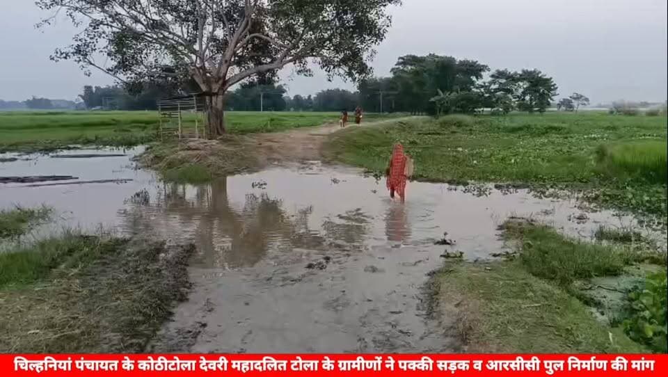 चिल्हनियां पंचायत के कोठीटोला देवरी महादलित टोला के ग्रामीणों ने पक्की सड़क व आरसीसी पुल निर्माण की उठाई मांग।