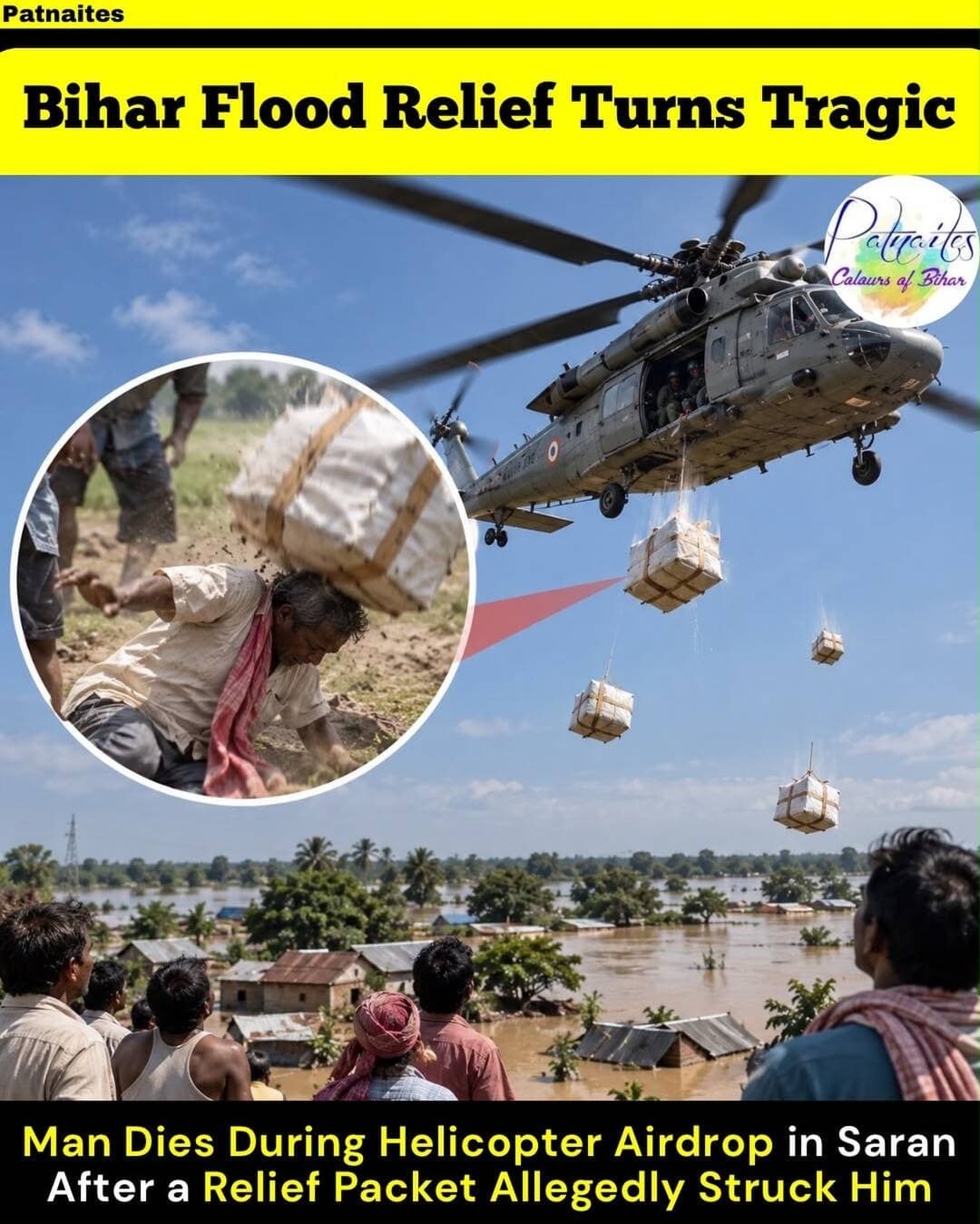 ЁЯЪи Bihar Flood Relief Turns Tragic
A relief operation in Saran, Bihar, took a tragic turn after a man reportedly died during a helicopter airdrop of relief supplies. According to reports, a relief packet allegedly struck him during the operation.
The incident has raised serious questions about safety measures during aerial relief distribution and the protection of people on the ground.
ЁЯУН Saran, Bihar
ЁЯУ░ Follow Patnaites for more Bihar updates.
<nis:link nis:type=tag nis:id=bihar nis:value=Bihar nis:enabled=true nis:link/> <nis:link nis:type=tag nis:id=saran nis:value=Saran nis:enabled=true nis:link/> <nis:link nis:type=tag nis:id=biharflood nis:value=BiharFlood nis:enabled=true nis:link/> <nis:link nis:type=tag nis:id=floodrelief nis:value=FloodRelief nis:enabled=true nis:link/> <nis:link nis:type=tag nis:id=biharnews nis:value=BiharNews nis:enabled=true nis:link/>