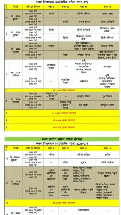 *बड़ी खबर : अर्द्धवार्षिक परीक्षा 2026 कक्षा- 9वीं से 12वीं का विस्तृत टाइम टेबल जारी*