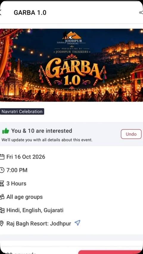 Gulal 1.0 ke baad ab Jodhpur Trekkers la raha hai GARBA 1.0! 💃🔥
🎟️ Early Bird Tickets LIVE on BookMyShow - 10%+ OFF!
📍 Offline: @marwar_mosaic
Slots limited hai, abhi secure karo! 👇
GARBA 1.0
Raj Bagh Hotel, Jodhpur | 16 October 7 PM Onwards
Our Team
Venue Partner : - @rajbaghhotel
Print & Design Partner : - @dm_marketing_advertisement Media Partner :- @me.bhi.jodhpuri_ X @kesariya_creatives
Sound DJ :- @yagyadjsound
Dance Group :- @the_dance_cave
Garba Dress Partner :-@radha_raman_rental_hub
Anchor: - @theanchor_sejalvaishnav @anchor_sid_
Photography Partner:-@asproduction_._ @pictorial_pictures09 #navratri #garba #navratri2026 #garba1pointo #iodhpurgarbatinavratri