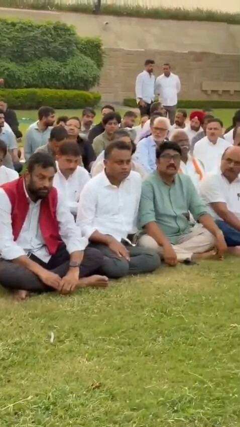 ज्ञानेश कुमार के खिलाफ प्रदर्शन करने पर बार-बार हिरासत में लिए जाने पर तीन सौ से ज़्यादा विपक्षी सांसदों के साथ राजघाट पर सत्याग्रह पर बैठे राहुल गांधी।