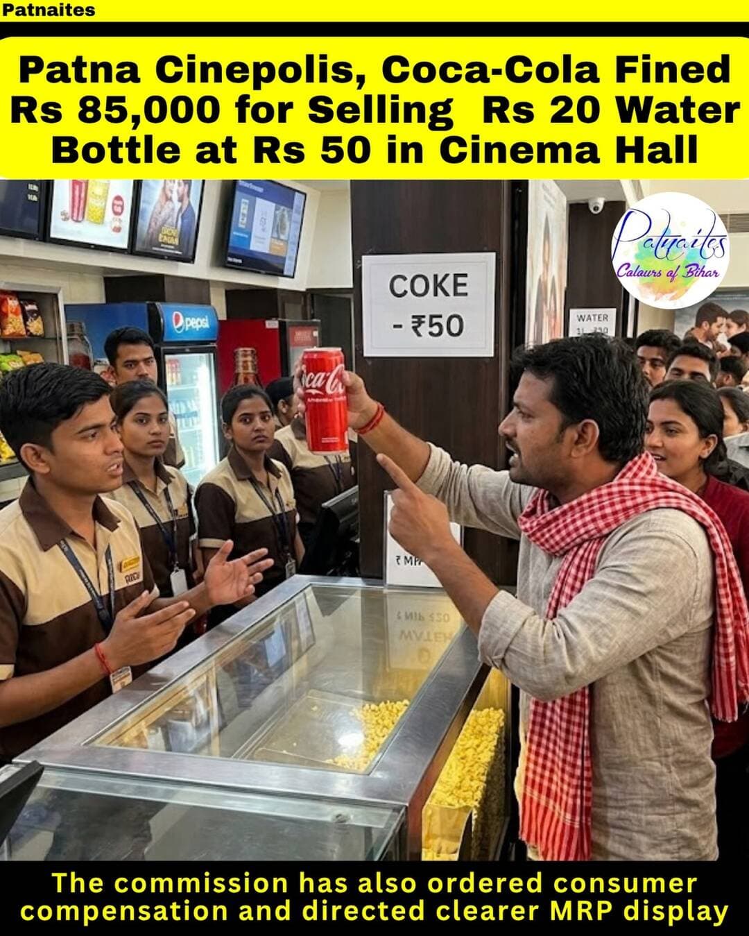 Cinepolis and Coca-Cola face a total penalty of 85,000 Rs over a 20 water bottle sold for 50 Rs inside a cinema hall. The commission has also ordered consumer compensation and directed clearer MRP display.
.
.
.
.
.
.
.
<nis:link nis:type=tag nis:id=consumerrights nis:value=ConsumerRights nis:enabled=true nis:link/> <nis:link nis:type=tag nis:id=cinepolis nis:value=Cinepolis nis:enabled=true nis:link/> <nis:link nis:type=tag nis:id=cocacola nis:value=CocaCola nis:enabled=true nis:link/> <nis:link nis:type=tag nis:id=consumerprotection nis:value=ConsumerProtection nis:enabled=true nis:link/> <nis:link nis:type=tag nis:id=indianews nis:value=IndiaNews nis:enabled=true nis:link/>