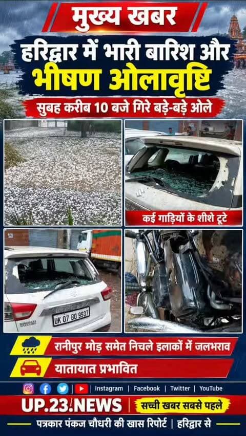 , हरिद्वार में आज (10 अक्टूबर 2026) कुछ इलाकों में गरज-चमक के साथ हल्की बौछारें और बारिश देखने को मिली है। हालांकि, सबसे भयंकर बारिश और आंधी-तूफान कल (शुक्रवार, 9 अक्टूबर) सुबह आया था, जिसने पूरे शहर को प्रभावित किया