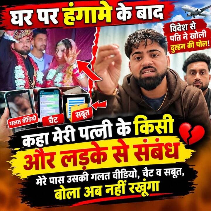 घर में हंगामे के बाद विदेश से पति ने खोली दुल्हन की पोल! 😱
बोला—“मेरी पत्नी के दूसरे लड़के से संबंध, मेरे पास गलत वीडियो, चैट और सबूत… अब नहीं रखूंगा!” 🔥
#ViralNews #HindiNews #BreakingNews #MarriageDrama #TrendingNews