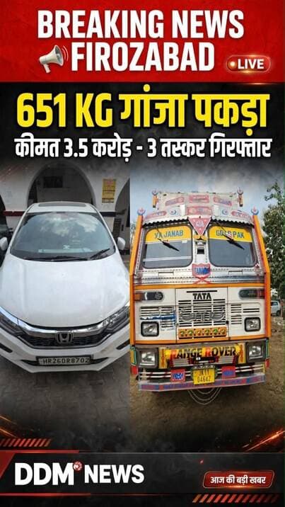 फिरोजाबाद पुलिस ने 3.5 करोड़ गांजा सहित तीन तस्कर किए गिरफ्तार
ओडिशा से हरियाणा ले जा रहे थे 651 किलो गांजा, ट्रक और कार भी बरामद
फिरोजाबाद। थाना टूंडला पुलिस और @ANTF Meerut की संयुक्त टीम को नशा तस्करी के खिलाफ बड़ी सफलता मिली है। पुलिस ने मुखबिर की सूचना पर NH-19 की सर्विस रोड पर ग्राम उसायनी के सामने से 651.163 किलोग्राम गांजा बरामद किया है, जिसकी अंतरराष्ट्रीय बाजार में कीमत करीब 3.5 करोड़ रुपये बताई जा रही है।
वरिष्ठ पुलिस अधीक्षक @SSP Firozabad आदित्य लांग्हे के निर्देशन में बुधवार को की गई इस कार्रवाई में पुलिस ने तीन तस्करों को गिरफ्तार किया है। आरोपी ओडिशा से गांजा लेकर हरियाणा की ओर जा रहे थे।
गिरफ्तार आरोपी:
1. संतोष कुमार निवासी वृंदावन, मथुरा
2. कृष्णा निवासी वृंदावन, मथुरा
3. मोहम्मद एजाज निवासी राजौरी, जम्मू-कश्मीर
पुलिस ने तस्करी में इस्तेमाल एक ट्रक, एक कार, 4 मोबाइल फोन, 3 आधार कार्ड, ड्राइविंग लाइसेंस, पैन कार्ड, 2 RC, 7 बैंक कार्ड और 10,987 रुपये नकद बरामद किए हैं।
थाना टूंडला में तीनों के खिलाफ @NDPS Act के तहत मुकदमा दर्ज कर जेल भेजा जा रहा है।
#DDMNewsFirozabad #FirozabadNews #BreakingNewsFirozabad #TundlaNews #FirozabadPolice #SSP_Firozabad #UPPolice #GanjaSmuggling #ANTF #OdishaToHaryana
@Firozabad Police
@Uttar Pradesh Police
@Tundla Police
---