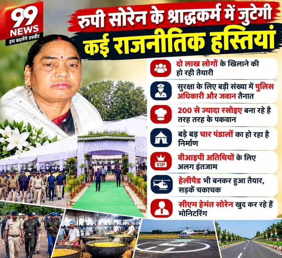 रुपी सोरेन के श्राद्धकर्म में जुटेगी कई राजनीतिक हस्तियां, हेमंत के गांव में जोरदार तैयारी
Many political figures will gather for the funeral rites of Rupi Soren, vigorous preparations in Hemant's village
#rupisoren #RupiSorenShradhKarma #HemantSoren #JharkhandNews #jharkhandpoliticsnews