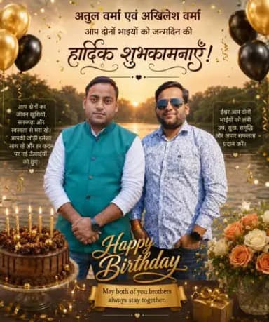 बेटे Atul Verma एवं Akhilesh Verma आपको #जन्मदिन की बहुत-बहुत बधाई, शुभकामनाएँ
ईश्वर की असीम कृपा आप पर सदैव बनी रहे..🌹🌹
𝐇𝐚𝐩𝐩𝐲 𝐛𝐢𝐫𝐭𝐡𝐝𝐚𝐲 ! 🎂