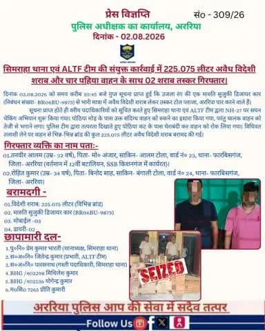 सिमराहा थाना एवं ALTF टीम की संयुक्त कार्रवाई में 225.075 लीटर अवैध विदेशी शराब और चार पहिया वाहन के साथ 02 शराब तस्कर गिरफ्तार।
#BiharPolice #Araria #ArariaPolice #dial112 #HaiTaiyaarHum #bihar_police #IPRD_Bihar #BiharHomeDept #simanchaln