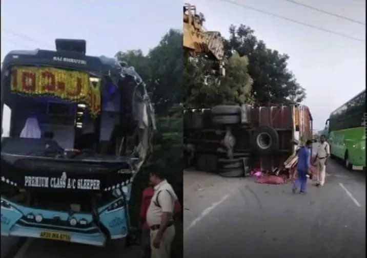 బాలానగర్: బాలనగర్ లో డీసీఎంను ఢీకొట్టిన ప్రైవేటు బస్సు.. బోల్తా పడిన వాహనం