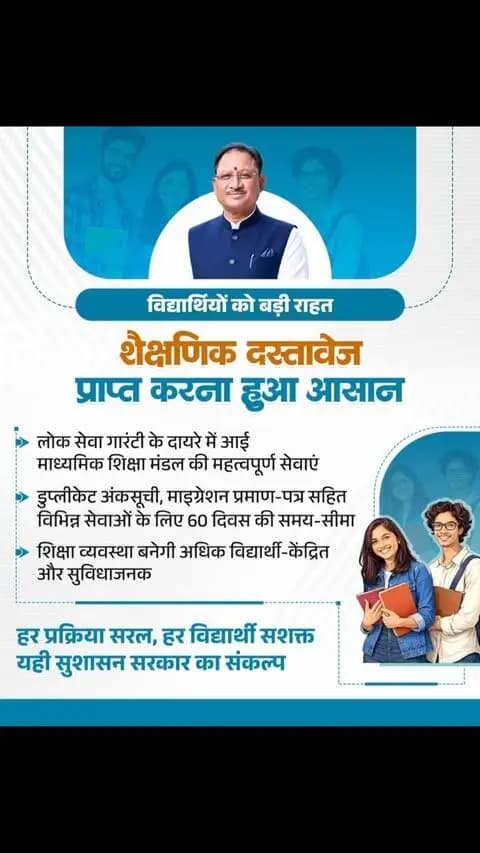 दस्तावेजों की दौड़ खत्म, विद्यार्थियों को बड़ी राहत
माध्यमिक शिक्षा मंडल की डुप्लीकेट अंकसूची, माइग्रेशन प्रमाण-पत्र सहित विभिन्न महत्वपूर्ण शैक्षणिक दस्तावेजों से जुड़ी सेवाओं को लोक सेवा गारंटी के दायरे में लाया गया है और इनके लिए 60 दिवस की समय-सीमा तय की गई है। इससे विद्यार्थियों को जरूरी दस्तावेज समयबद्ध तरीके से प्राप्त करने में सुविधा मिलेगी और पढ़ाई, उच्च शिक्षा व अन्य शैक्षणिक कार्यों के लिए अनावश्यक भागदौड़ से राहत मिलेगी। सरल प्रक्रिया, समयबद्ध सेवा और विद्यार्थियों के लिए आसान व्यवस्था सुनिश्चित करना ही सुशासन सरकार का संकल्प है।
#SushasanSarkar #सुशासन_सरकार #Chhattisgarh #Students #Education