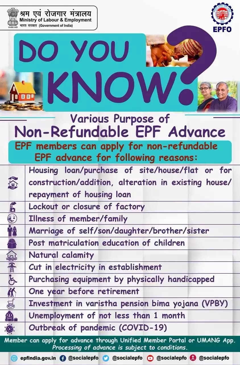 #EPF #Members can apply for Non-refundable EPF Advance through Unified Member Portal or #UMANG App, to avail benefits