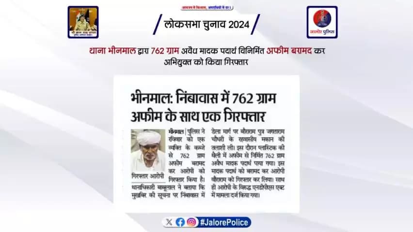 #थाना_भीनमाल द्वारा 762 ग्राम अवैध मादक पदार्थ विनिर्मित #अफीम बरामद कर अभियुक्त को किया #गिरफ्तार...
#Election2024 #LokSabhaElection2024