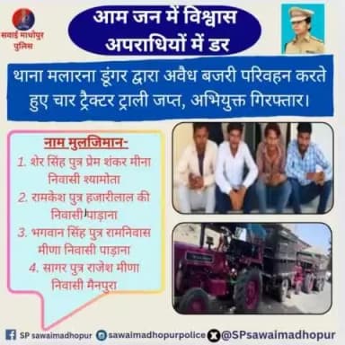#सवाईमाधोपुर अवैध बजरी परिवहन के विरुद्ध पुलिस थाना मलारना डूंगर द्वारा कार्रवाई कर #अवैधबजरी से भरे 04 ट्रैक्टर ट्रॉली जप्त कर आरोपी किए गिरफ्तार।