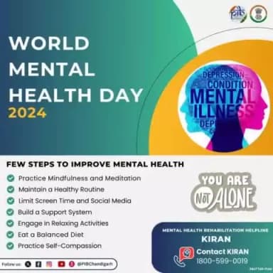 Today is #WorldMentalHealthDay! If you're struggling with depression, follow a few steps to improve your mental health & reduce stress.
Remember, you are not alone—contact the #KIRAN helpline at 1800-599-0019. @pibindia
